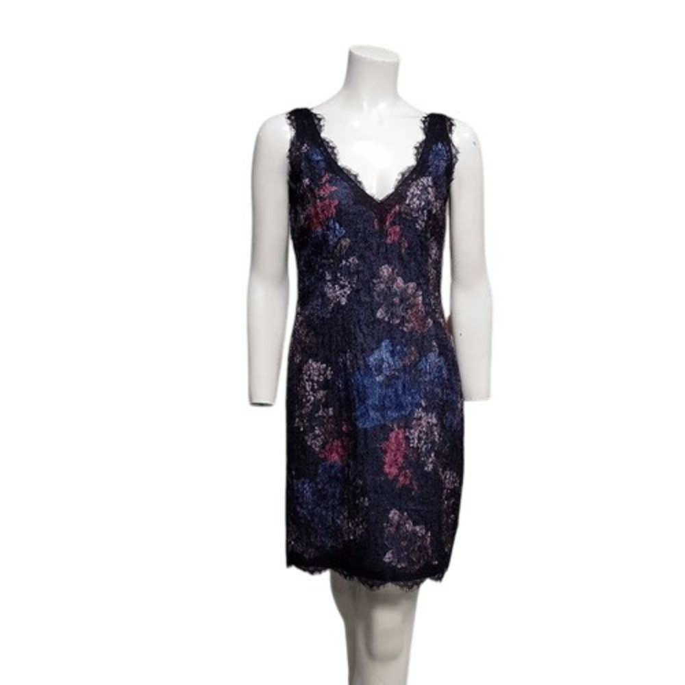 Adrianna Papell Mini Dress Size 4 Black Floral Eyelash Lace Sequin Formal Sheath